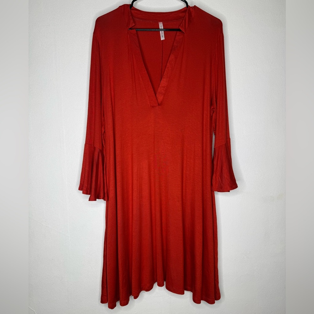 Red V-Neck Flowy Bell Sleeve Dress